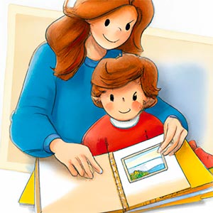 kresba matky a dítěte prohížejicí fotografie